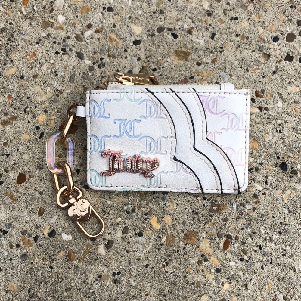Bedazzled Juicy Couture White Rainbow Card Holder with Locket Chain Keychain